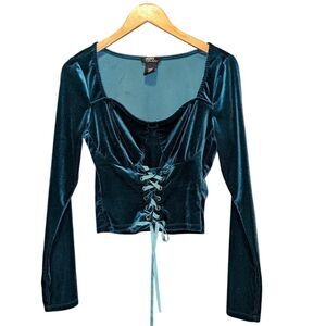 Y2K Hot Topic Thorn & Fable Forest Green Velvet Corset Lace Up Crop Top L Goth